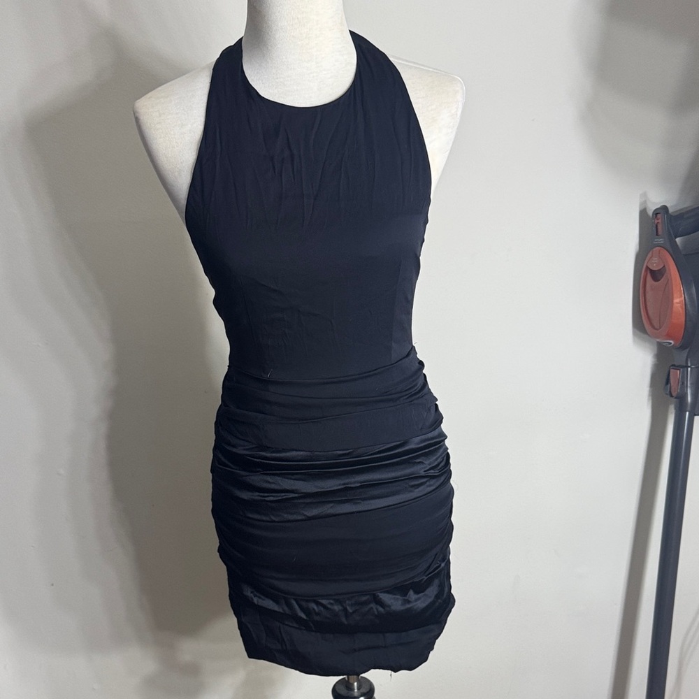 Alice + Olivia Black Halter Ruched Mini Dress